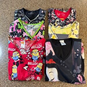 Lot of 6 Womens Scrub Tops Various Prints Minions Snow White Hearts Flowers Sz S